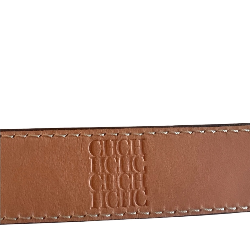 Carolina Herrera Dark Green Leather Belt with Antiqued Brass CH Buckle, Size 75. - Picture 4 of 5